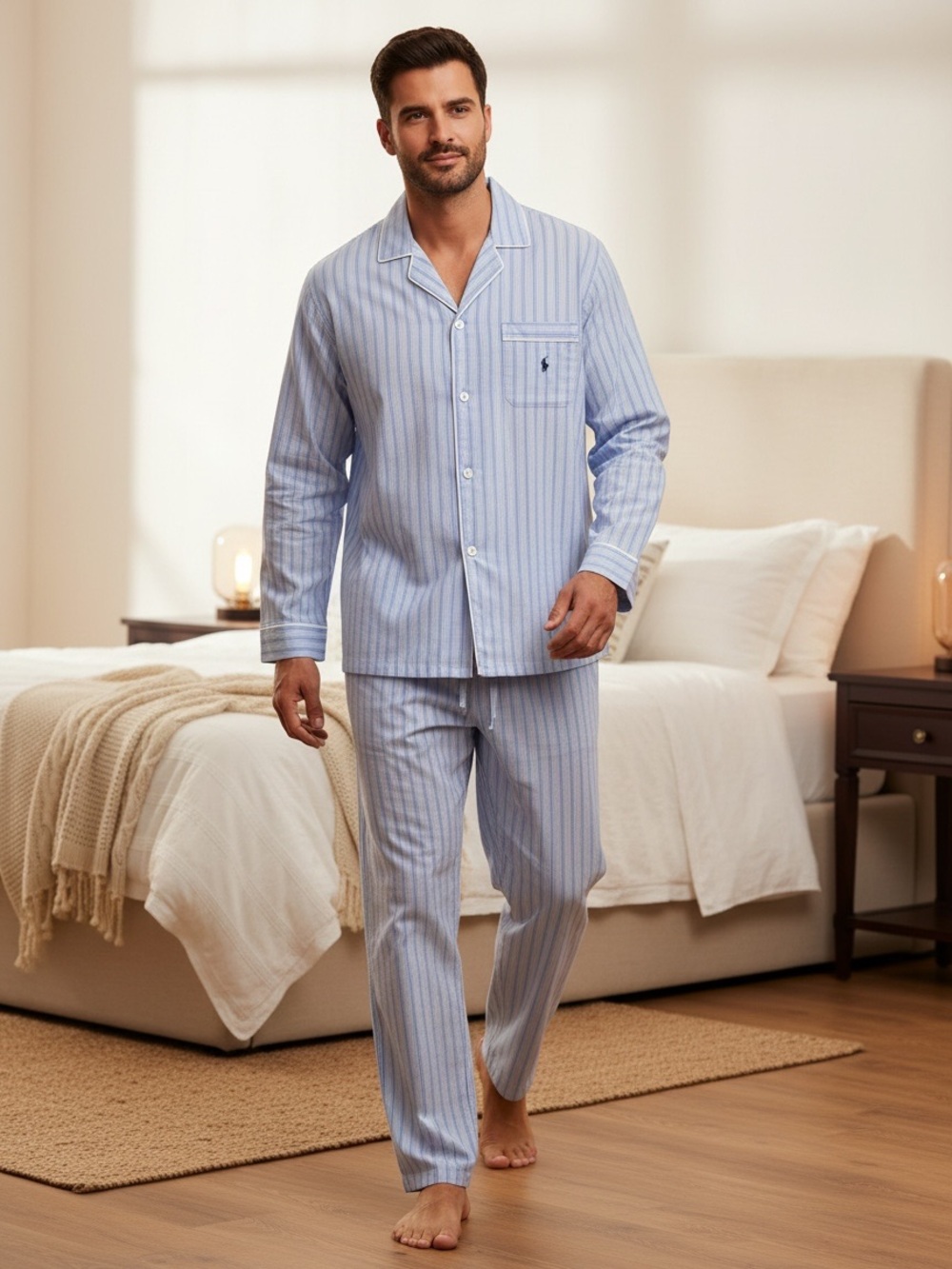 Polo Ralph Lauren Men’s L Blue Stripe Cotton Pajama Set Sleepwear Lounge
